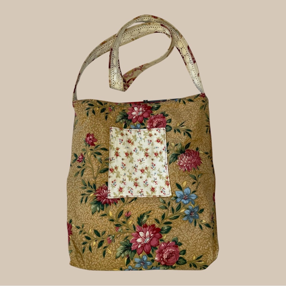 Handmade Patchwork Reversible Floral Tote Bag Romantic Cottagecore Cotton Velvet